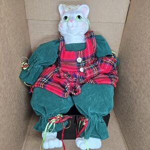 Vintage Kurt Adler 18" Christmas Cat Resin/Fabric Doll-Red Plaid Dress-Decor